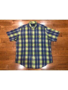 Ralph Lauren Classic Cotton Green Blue Plaid Short Sleeve Button Shirt XL